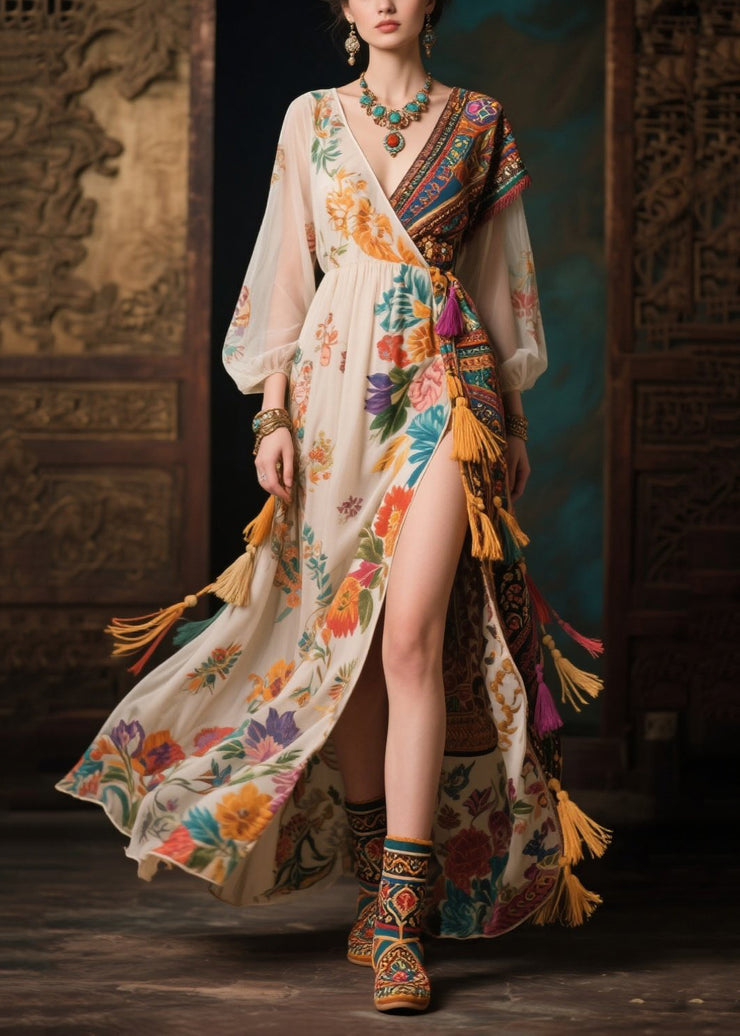 Ethnic Style Colorblock Tasseled Side Open Chiffon Dress Summer