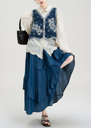 Ethnic Style Embroidered Denim Vest Shirt Asymmetrical Skirts Set Summer