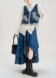 Ethnic Style Embroidered Denim Vest Shirt Asymmetrical Skirts Set Summer