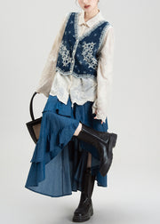 Ethnic Style Embroidered Denim Vest Shirt Asymmetrical Skirts Set Summer