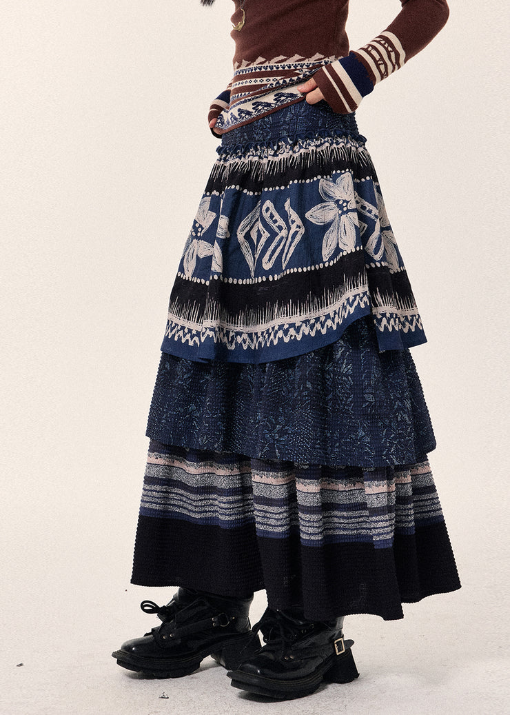 Ethnic Style Navy Layered Patchwork Linen Skirt Spring