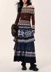 Ethnic Style Navy Layered Patchwork Linen Skirt Spring