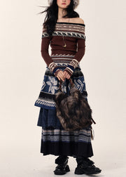 Ethnic Style Navy Layered Patchwork Linen Skirt Spring