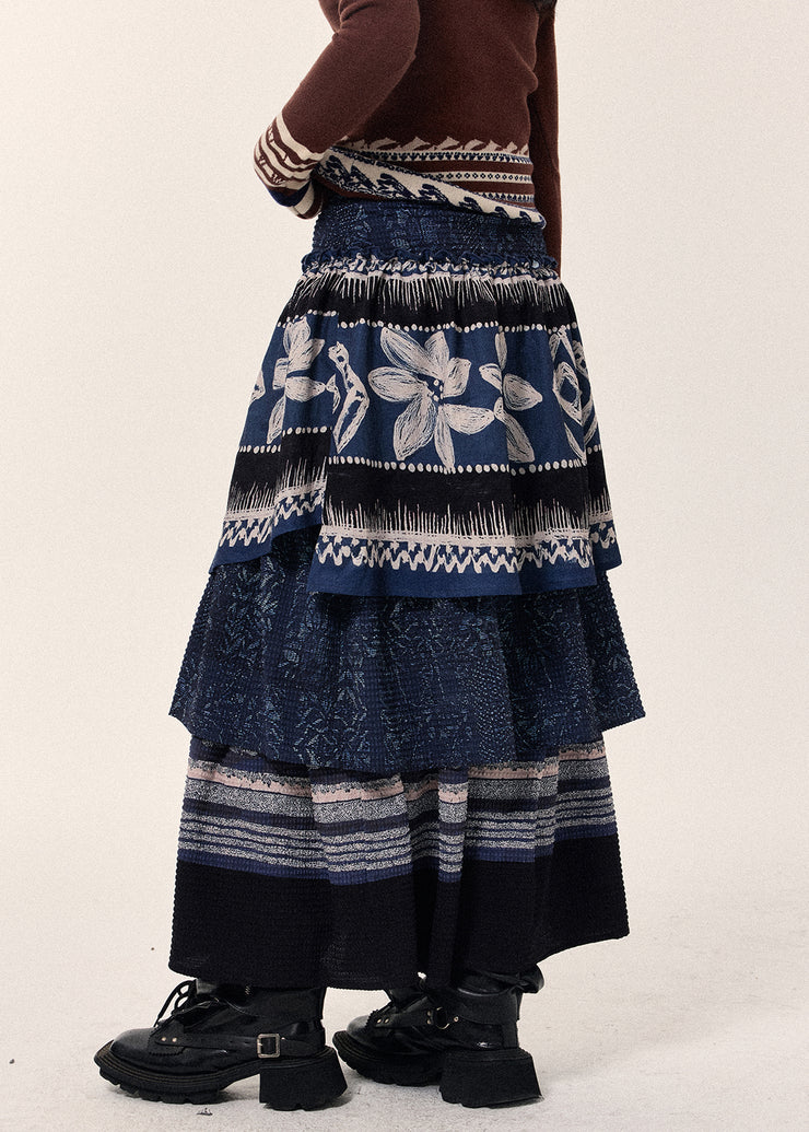 Ethnic Style Navy Layered Patchwork Linen Skirt Spring