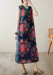Ethnic Style Navy Print Side Open Linen Dresses Sleeveless