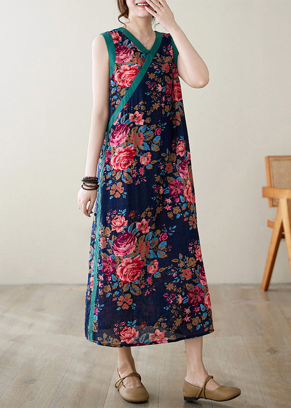 Ethnic Style Navy Print Side Open Linen Dresses Sleeveless
