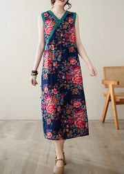 Ethnic Style Navy Print Side Open Linen Dresses Sleeveless
