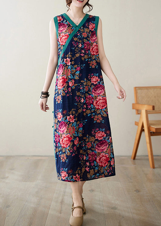 Ethnic Style Navy Print Side Open Linen Dresses Sleeveless