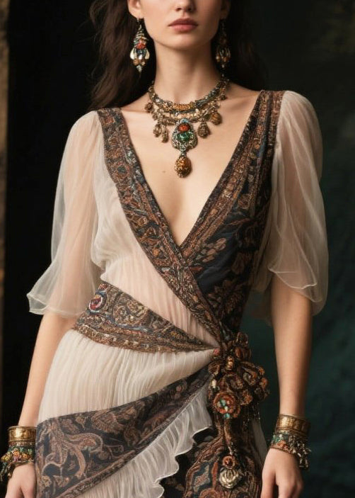 Ethnic Style Patchwork Side Open Chiffon Long Dress Summer