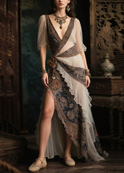 Ethnic Style Patchwork Side Open Chiffon Long Dress Summer