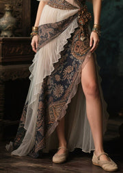 Ethnic Style Patchwork Side Open Chiffon Long Dress Summer