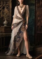 Ethnic Style Patchwork Side Open Chiffon Long Dress Summer