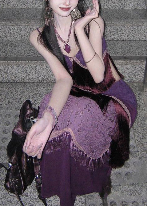 Ethnic Style Purple Tasseled Patchwork Silk Two Piece Set Summer