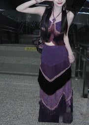 Ethnic Style Purple Tasseled Patchwork Silk Two Piece Set Summer