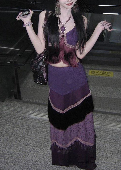 Ethnic Style Purple Tasseled Patchwork Silk Two Piece Set Summer