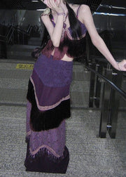 Ethnic Style Purple Tasseled Patchwork Silk Two Piece Set Summer