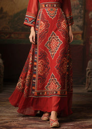 Ethnic Style Red Print Patchwork Chiffon Long Dress Fall