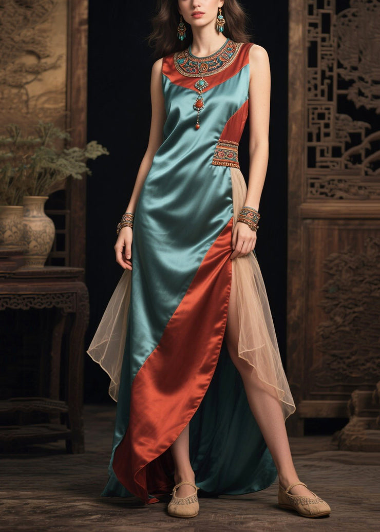 Ethnic Style Sea Blue Asymmetrical Patchwork Silk Vacation Dresses Sleeveless