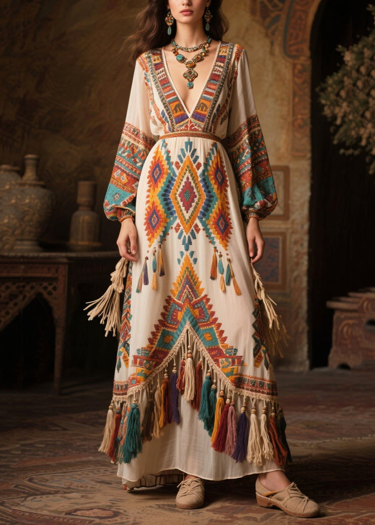Ethnic Style Tasseled Print Chiffon Vacation Dress Fall