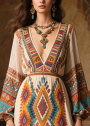 Ethnic Style Tasseled Print Chiffon Vacation Dress Fall