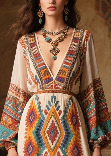 Ethnic Style Tasseled Print Chiffon Vacation Dress Fall