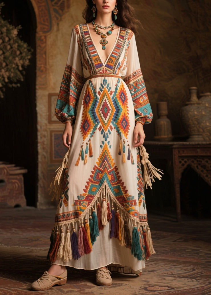 Ethnic Style Tasseled Print Chiffon Vacation Dress Fall