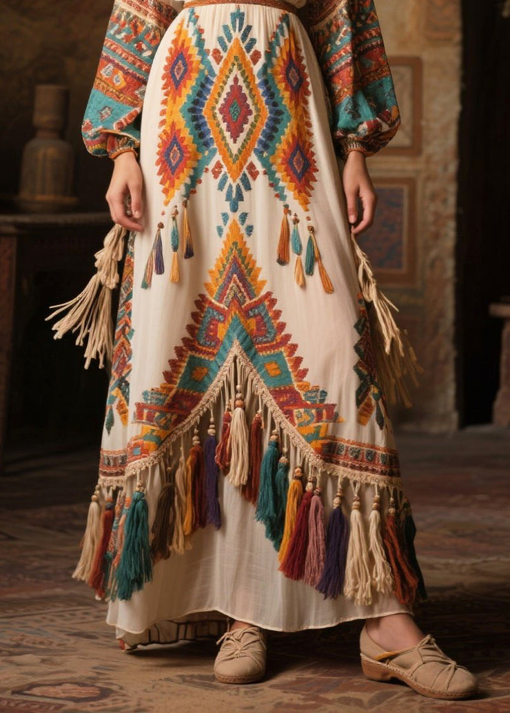 Ethnic Style Tasseled Print Chiffon Vacation Dress Fall