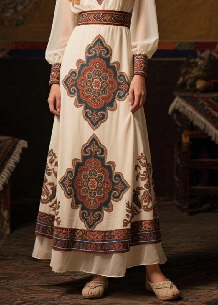 Ethnic Style White Cinched Print Chiffon Long Dresses Fall