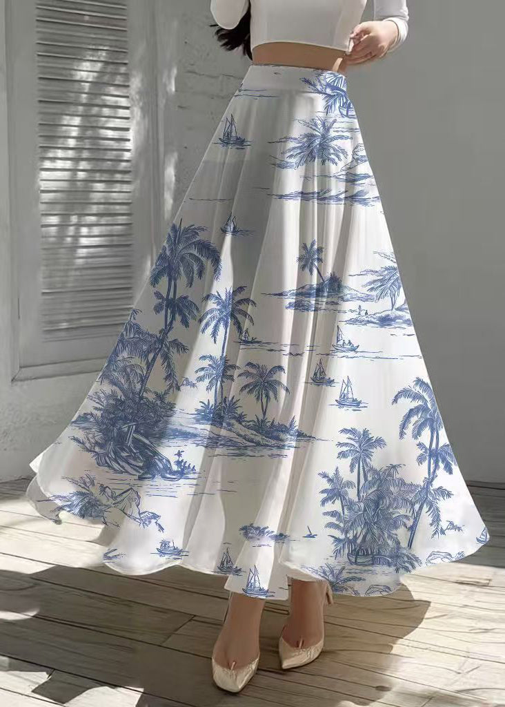 Ethnic Style White Print Exra Large Hem Chiffon Skirt Summer