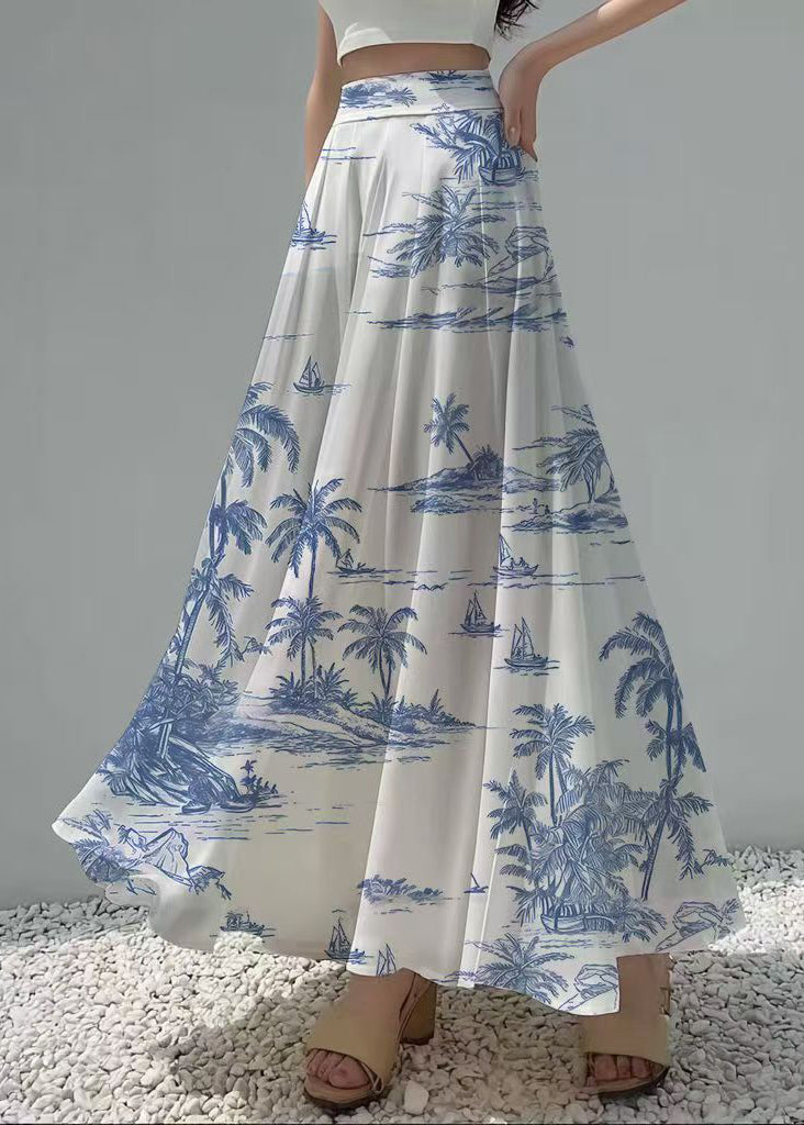 Ethnic Style White Print Exra Large Hem Chiffon Skirt Summer
