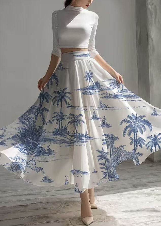Ethnic Style White Print Exra Large Hem Chiffon Skirt Summer