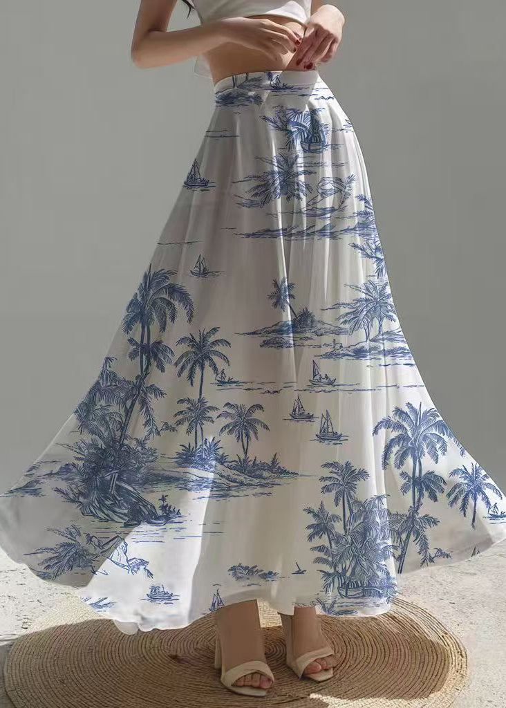 Ethnic Style White Print Exra Large Hem Chiffon Skirt Summer