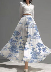 Ethnic Style White Print Exra Large Hem Chiffon Skirt Summer