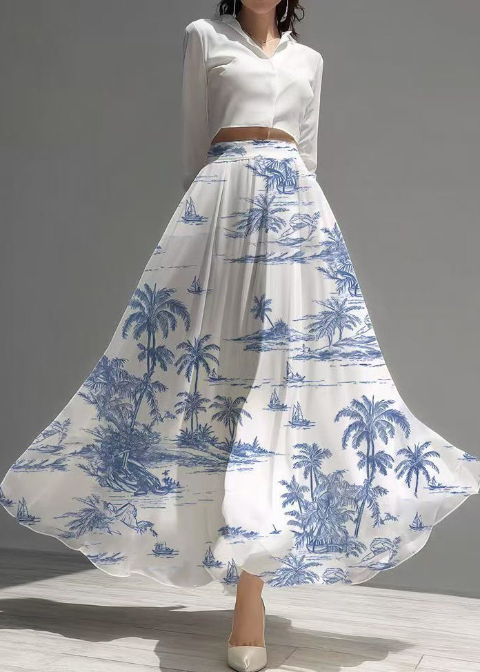Ethnic Style White Print Exra Large Hem Chiffon Skirt Summer