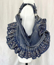European And American Large Capacity Ruffled Rivet Denim Shoulder Bag