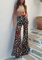 European And American Style Black High Waist Print Tulle Flared Trousers Summer