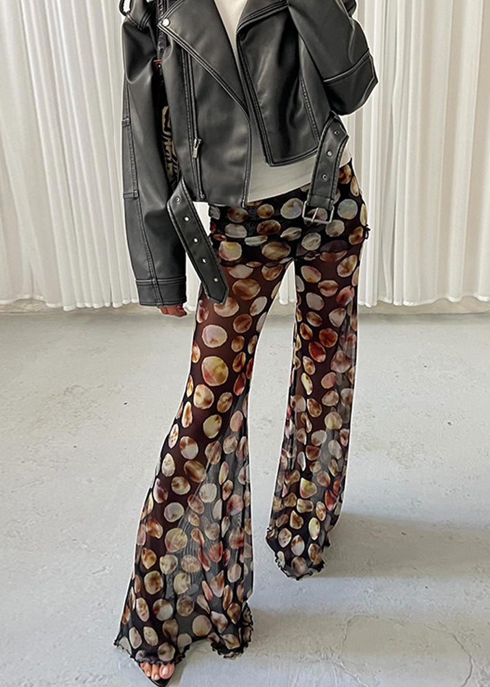 European And American Style Black High Waist Print Tulle Flared Trousers Summer