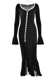 European And American Style Black Ruffled Side Open Cotton Dress Fall