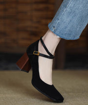 European And American Style Brown Buckle Strap Suede Chunky High Heels