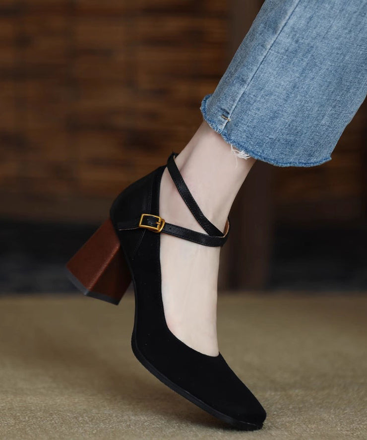 European And American Style Brown Buckle Strap Suede Chunky High Heels