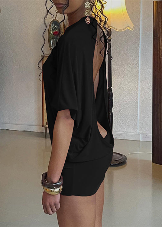 European And American Style Red O-Neck Backless Cotton Short Dress Summer