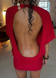 European And American Style Red O-Neck Backless Cotton Short Dress Summer