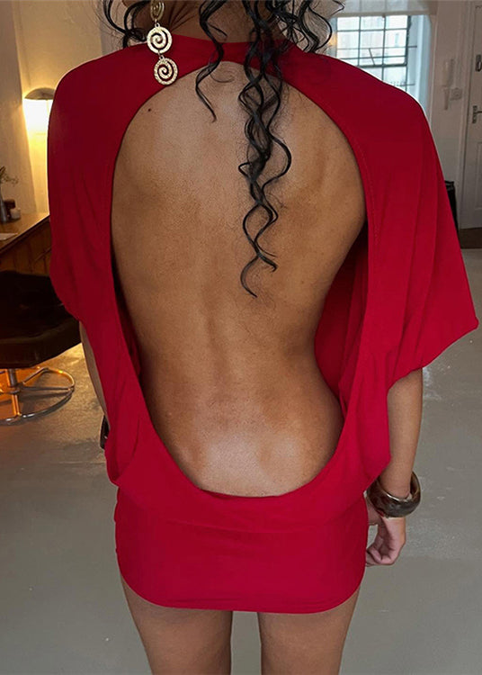 European And American Style Red O-Neck Backless Cotton Short Dress Summer