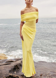 European And American Style Yellow Slash Neck Tulle Dress Summer