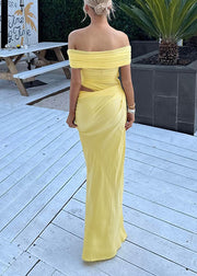 European And American Style Yellow Slash Neck Tulle Dress Summer