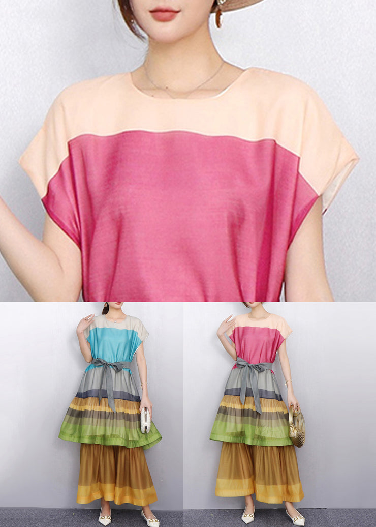 Eye Catching Color Blue Block Tiered Patchwork Cotton Long Dress