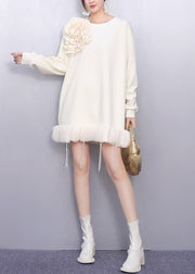 Fall Beige Floral Decorated Crystal Tassel Patchwork Dress