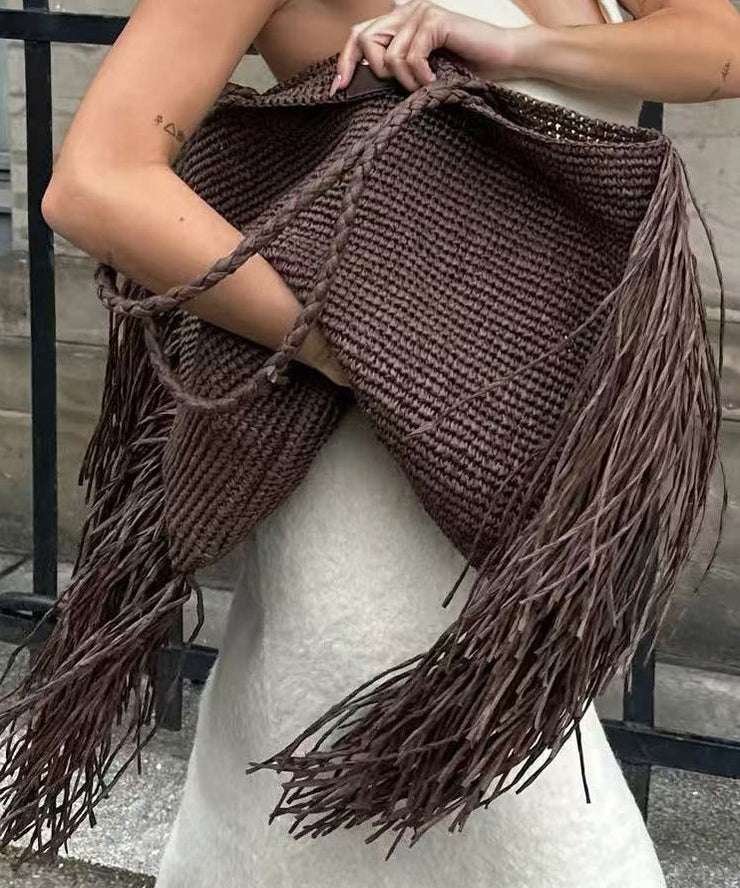 Fashion And Versatile Coffee Woven Tassel Design Shoulder Bag