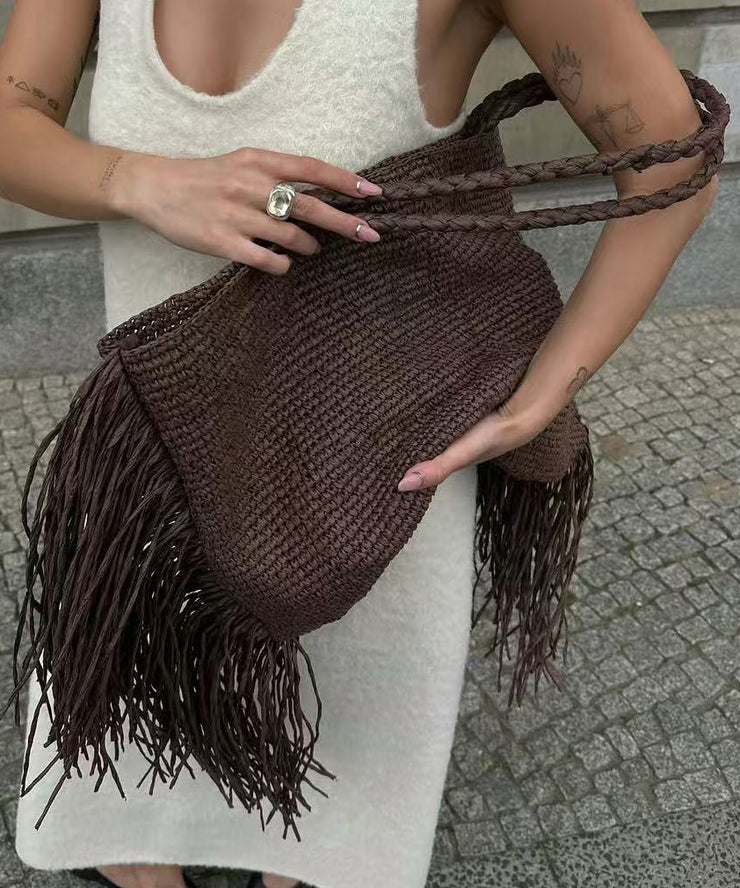 Fashion And Versatile Coffee Woven Tassel Design Shoulder Bag