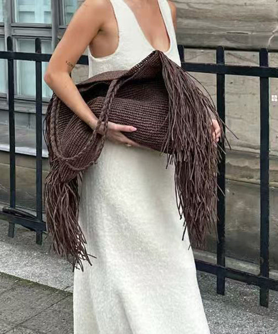 Fashion And Versatile Coffee Woven Tassel Design Shoulder Bag